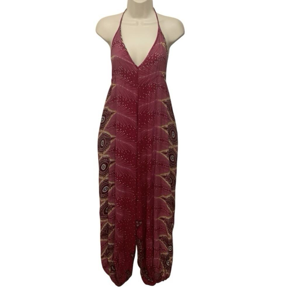Boho Harem Jumpsuit Romper Women One Size Burgandy Wide Leg Tie Festival